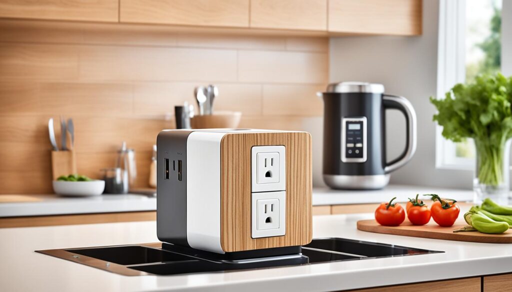 wooden effect pop up power outlet in a kitchen